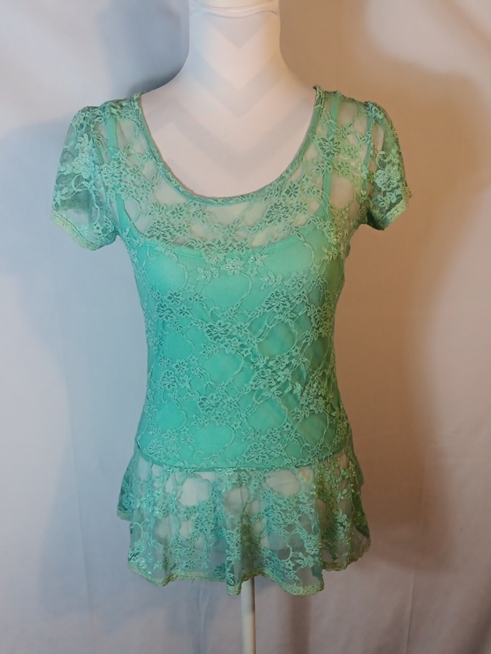 Derek Heart Mint Lace Peplum Short Sleeve Top